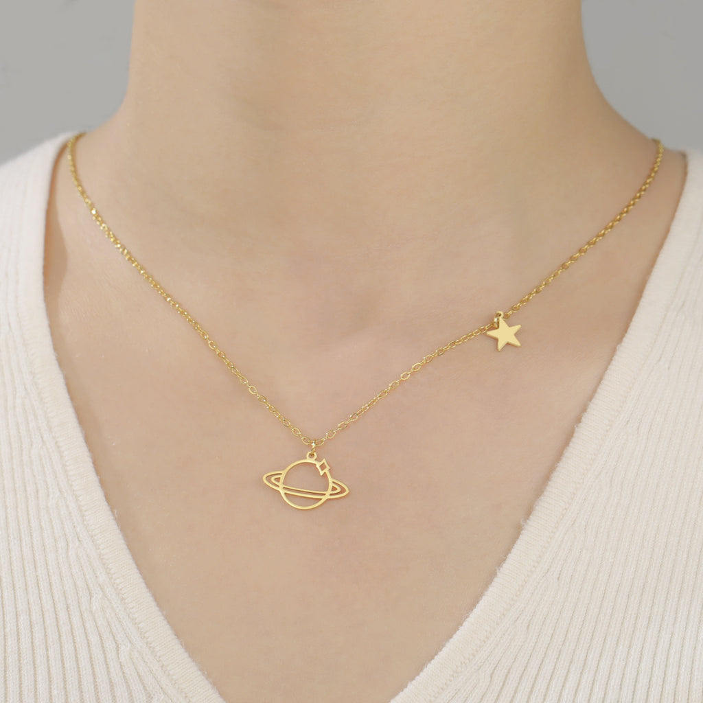 Geometric Planet Saturn Necklace Gold Plated Titanium Steel Chain