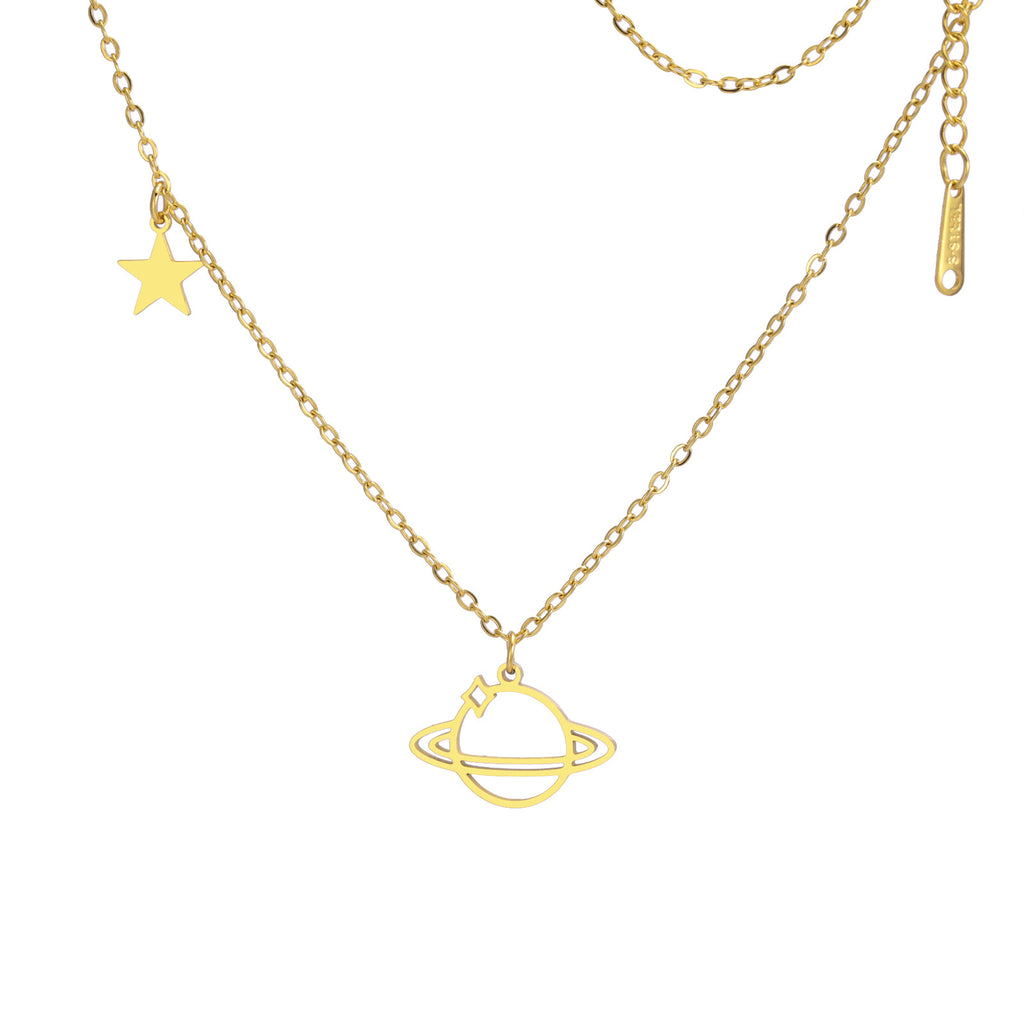 Geometric Planet Saturn Necklace Gold Plated Titanium Steel Chain