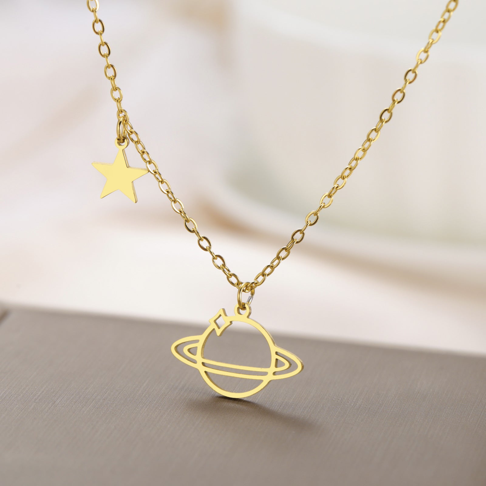 Geometric Planet Saturn Necklace Gold Plated Titanium Steel Chain