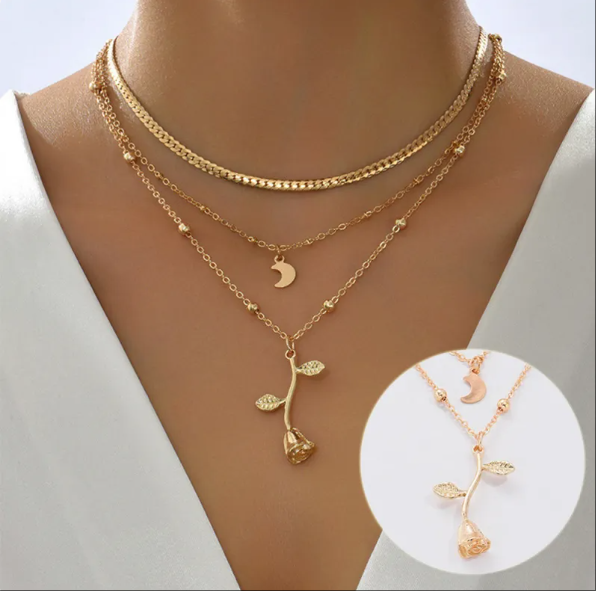 Bohemia Multilayer Moon Gold Color Pendant Necklaces For Women Rose Flower Choker Necklace 2026 Fashion Jewelry Party Gift