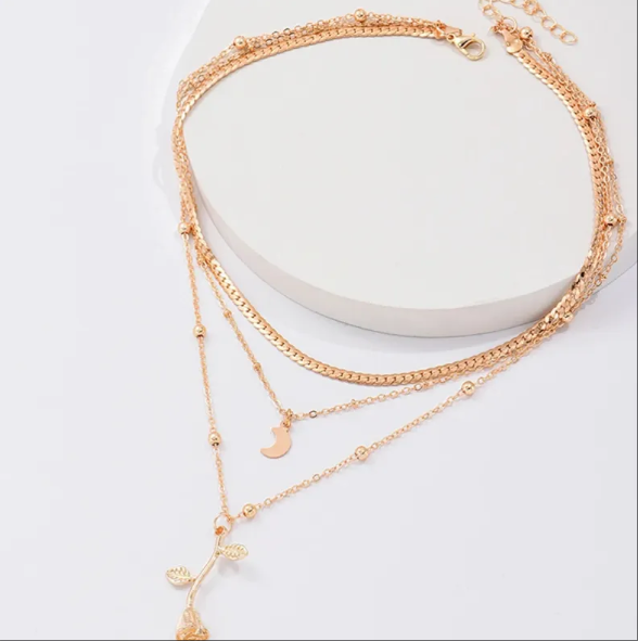 Bohemia Multilayer Moon Gold Color Pendant Necklaces For Women Rose Flower Choker Necklace 2026 Fashion Jewelry Party Gift