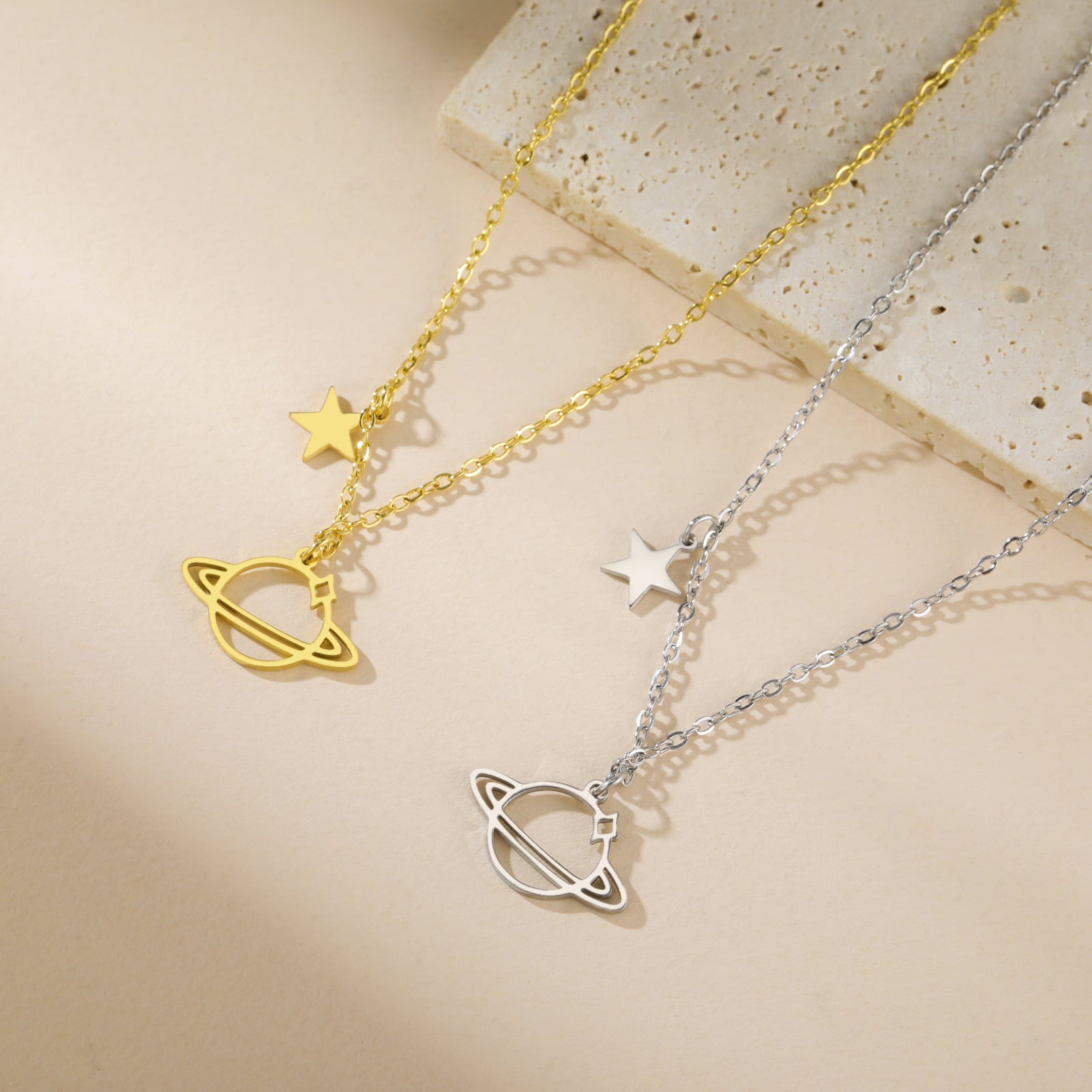 Geometric Planet Saturn Necklace Gold Plated Titanium Steel Chain